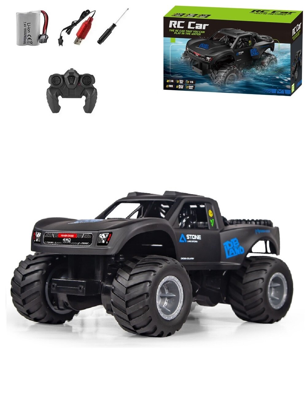 Машинка амфибия полный привод 26 см на пульте управления, с аккумулятором