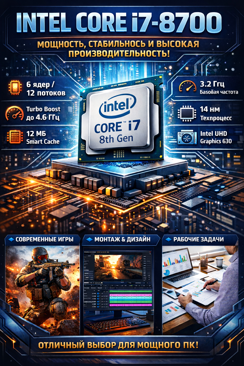 Процессор Intel Core i7-8700, 6 ядер, 12 потоков, Turbo Boost до 4,6 ГГц — фото 1