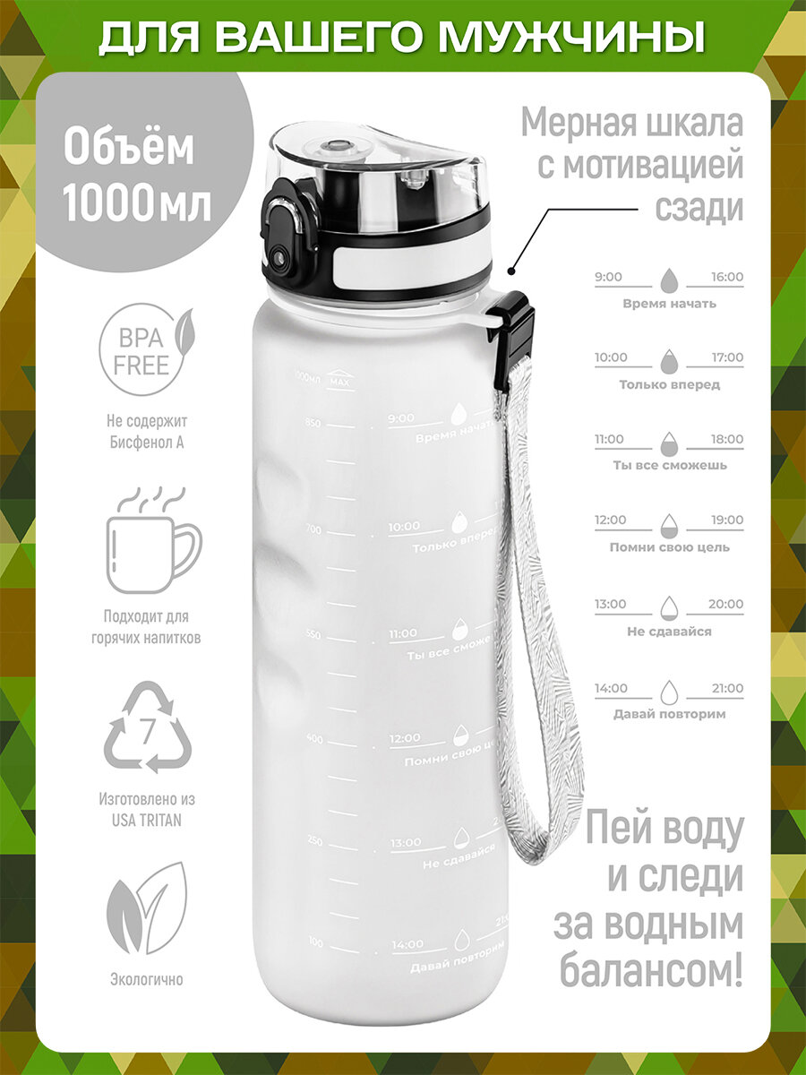 Бутылка для воды спортивная 1000 мл Elan Gallery Style Matte, белая, мотивационная, 7,8х7,8х28,5 см