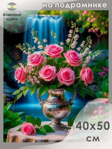 Изображение товара Алмазная мозаика на подрамнике Цветы у водопада 40х50
