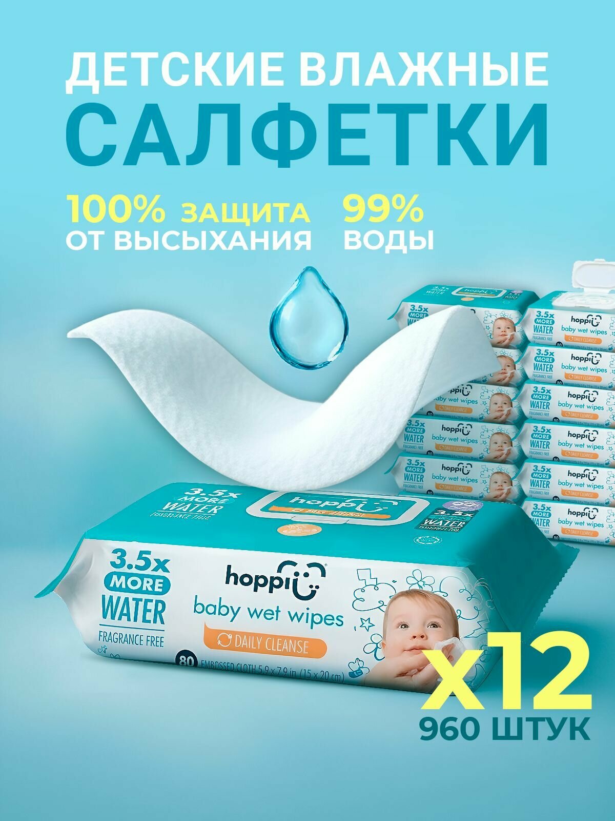 Влажные салфетки детские Hoppi Baby с клапаном, 12х80шт. (960 штук)