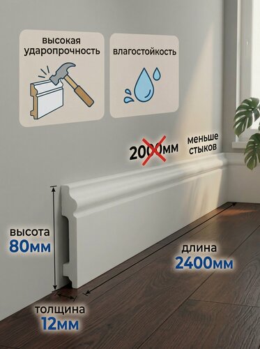 Изображение товара Плинтус из дюрополимера R80 80х12х2400мм суперударопрочный с кабель-каналом