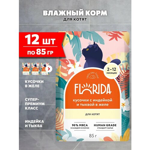фото Пауч florida для котят: кусочки с индейкой и тыквой в желе 12шт*85г