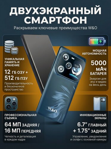 Изображение товара Смартфон W&O 2, Двухэкранный смартфон,12 GB RAM 512 GB ROM, Dual nano SIM, синий