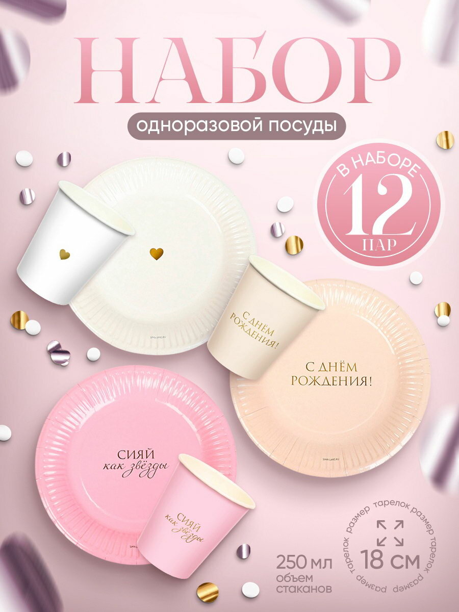 Посуда бумажная одноразовая "С Днём рождения", на 12 персон, тематика праздника: день рождения