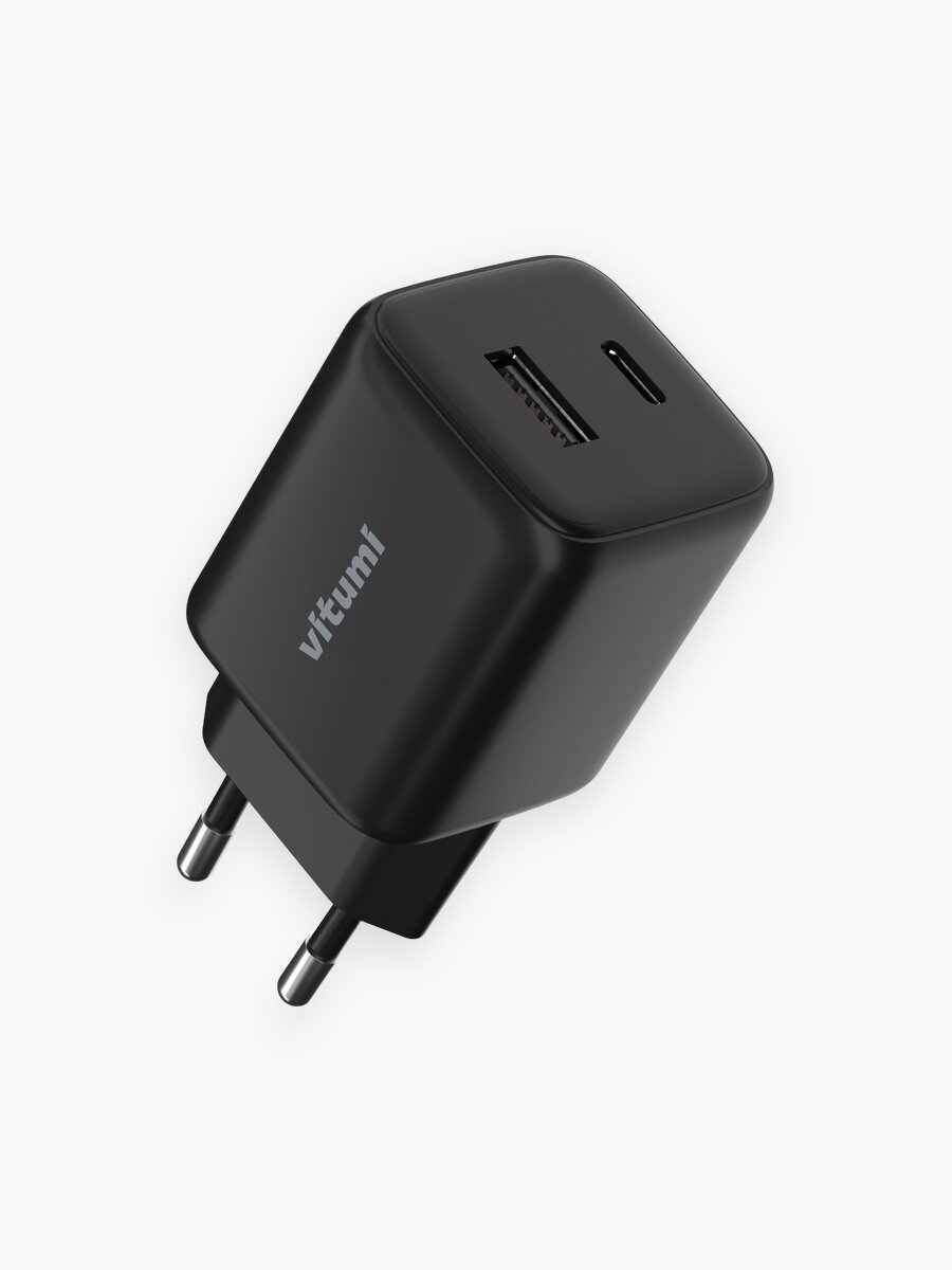 Быстрое зарядное устройство Vitumi USB-C+USB-A, 20 Вт, черный