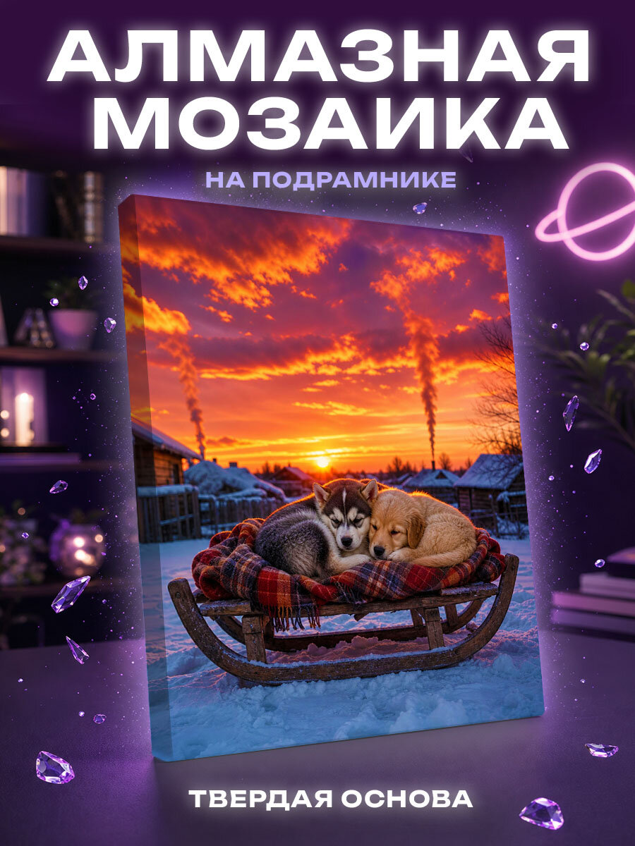 Алмазная мозаика Щенки на зимних санках