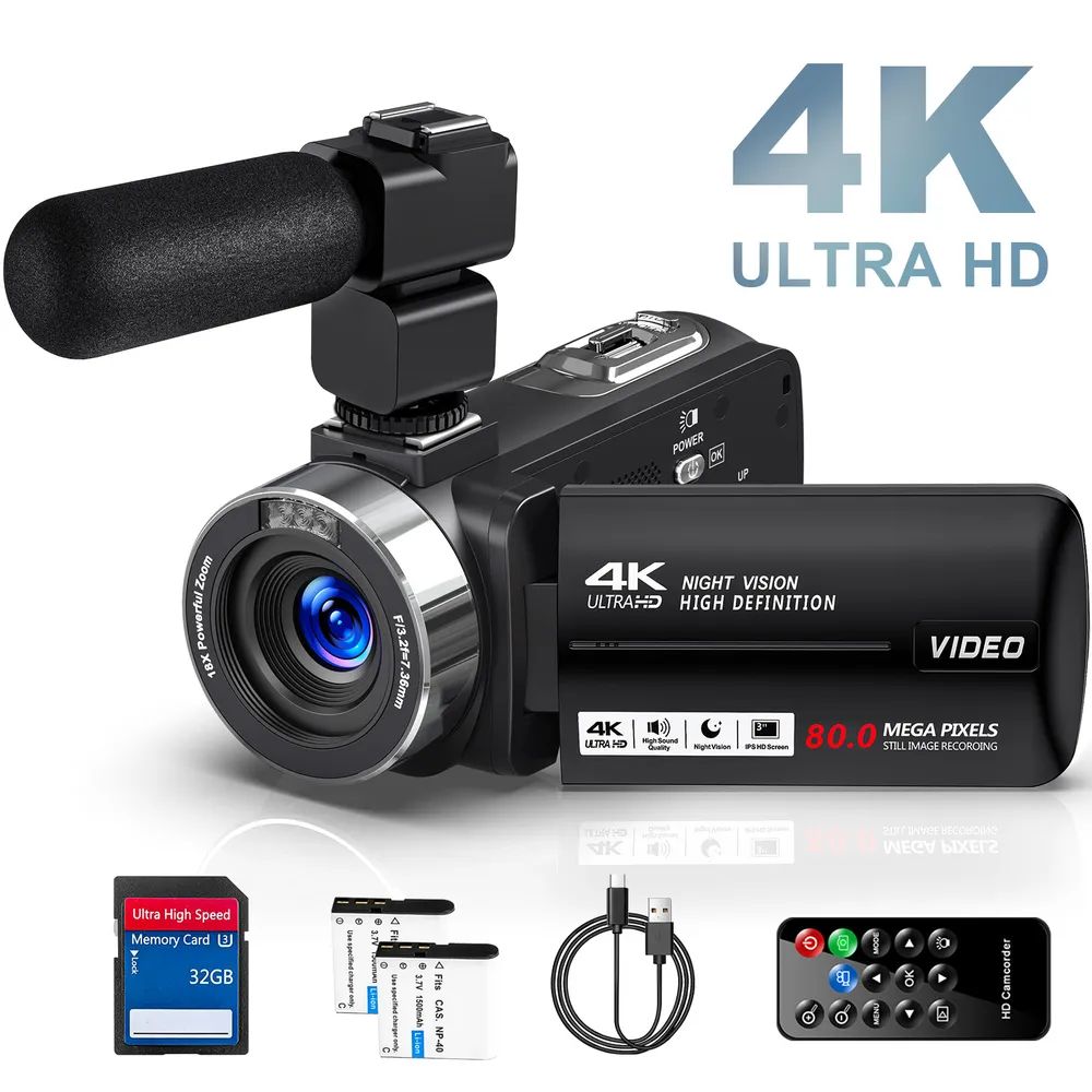 Видеокамера с разрешением 4K 80 МП и 18-кратным цифровым зумом, используемая для съемки на открытом воздухе, с картой памяти объемом 32 ГБ