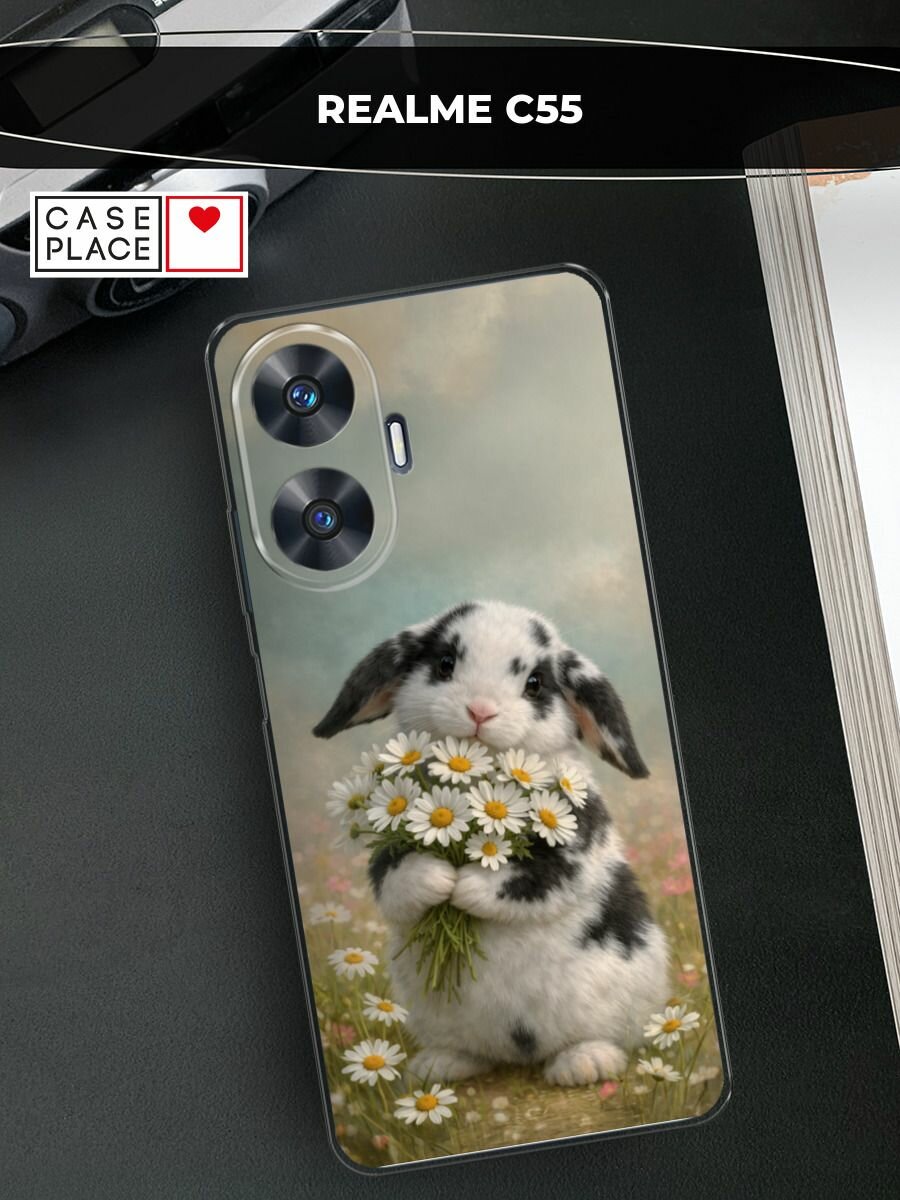 Чехол на Realme C55 / Реалми C55 с принтом Кролик с букетом ромашек