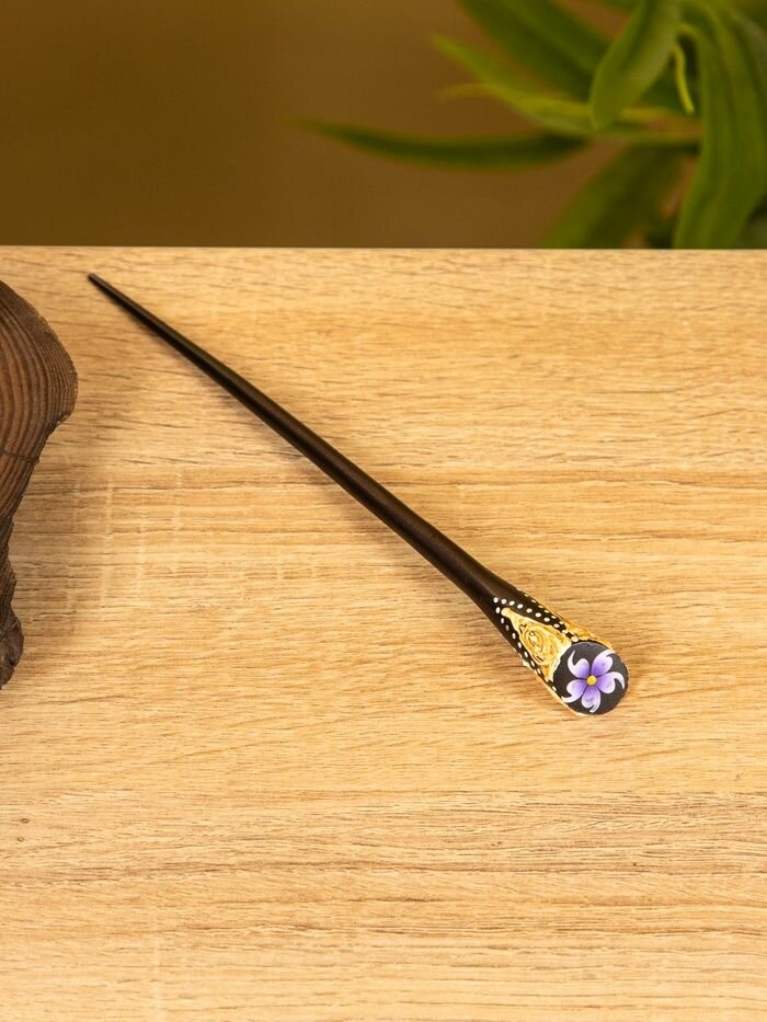 Шпилька для волос Цветок , 17 см, дерево албезия, коричневая, сиреневая