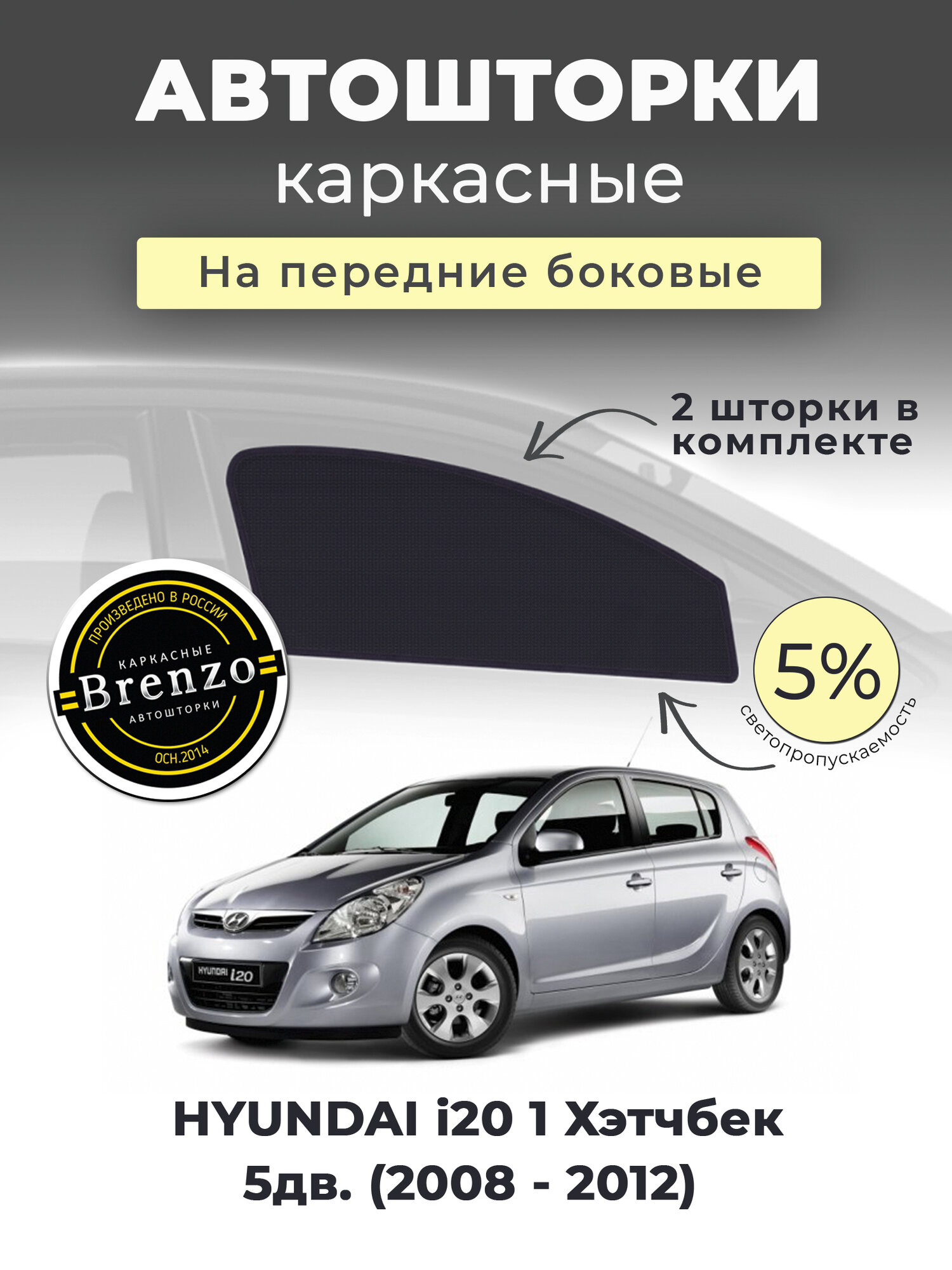 Каркасные шторки HYUNDAI i20 1 Хетчбек 5дв. (2008 - 2012) на передние двери 5%, сетки от солнца в машину