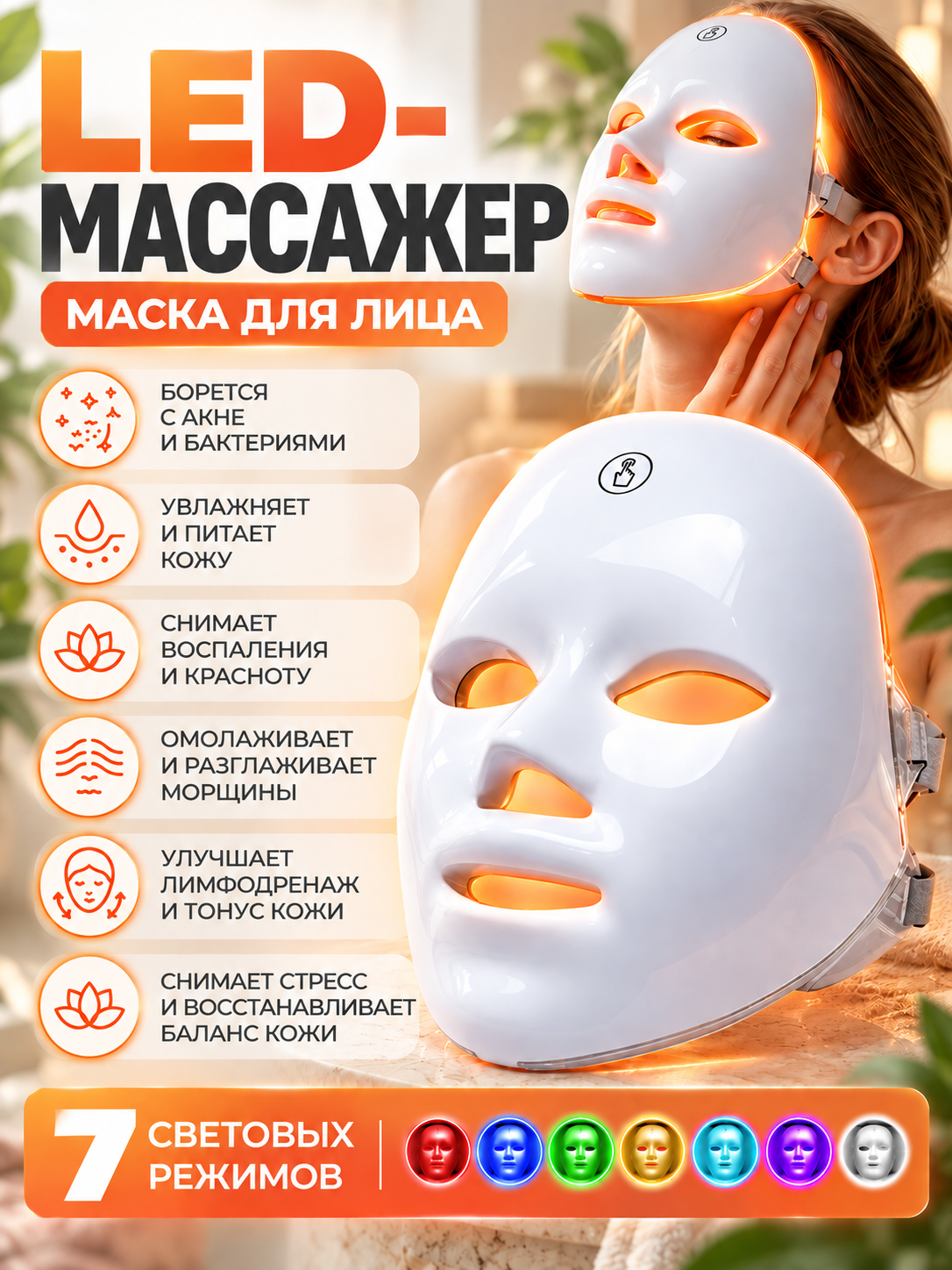 LED-маска, светотерапия, от USB, для лица, 7 режимов AN-029, белая