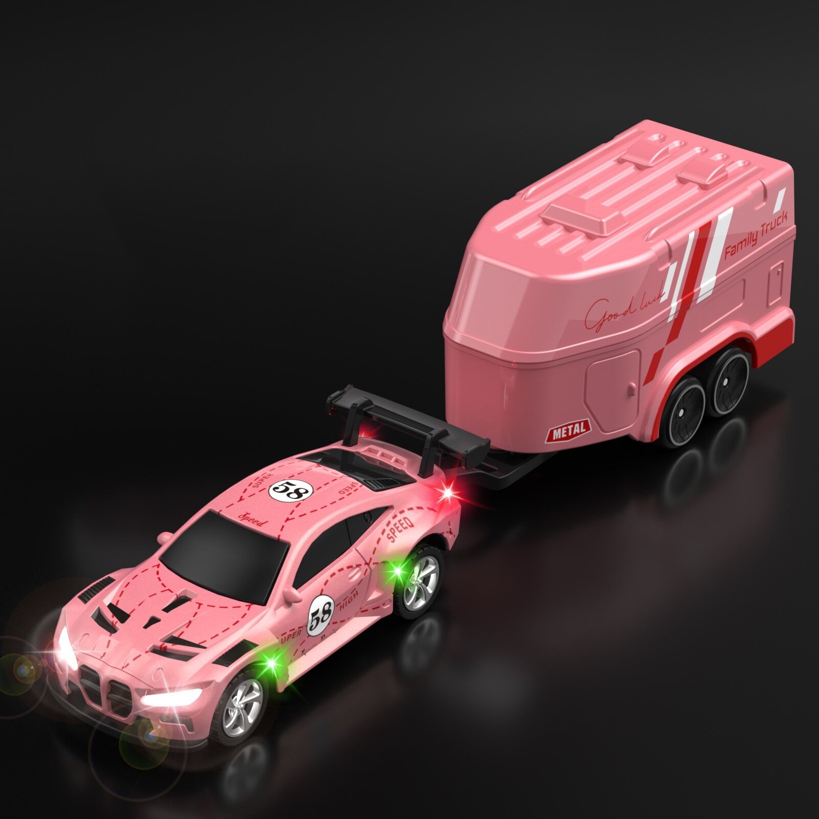 HG4-117 1:64 легковая модель из сплава с прицепом, двойной режим, розовый набор машинки со светодиодами