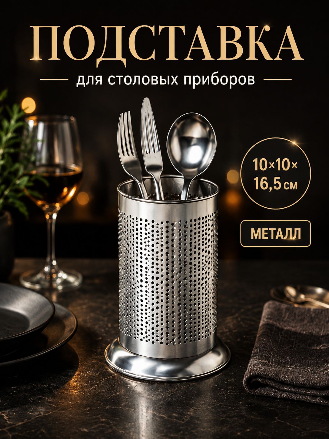 Подставка‑стакан для столовых приборов из нержавеющей стали, диаметр 10 см, высота 16,5 см