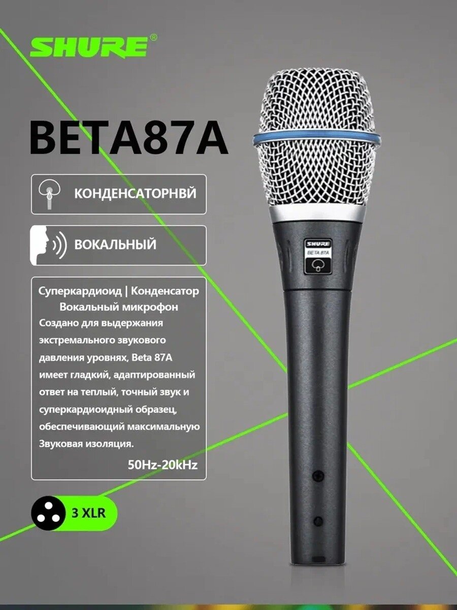 Микрофон концертный, конденсаторный, суперкардиоидный, XLR, черный