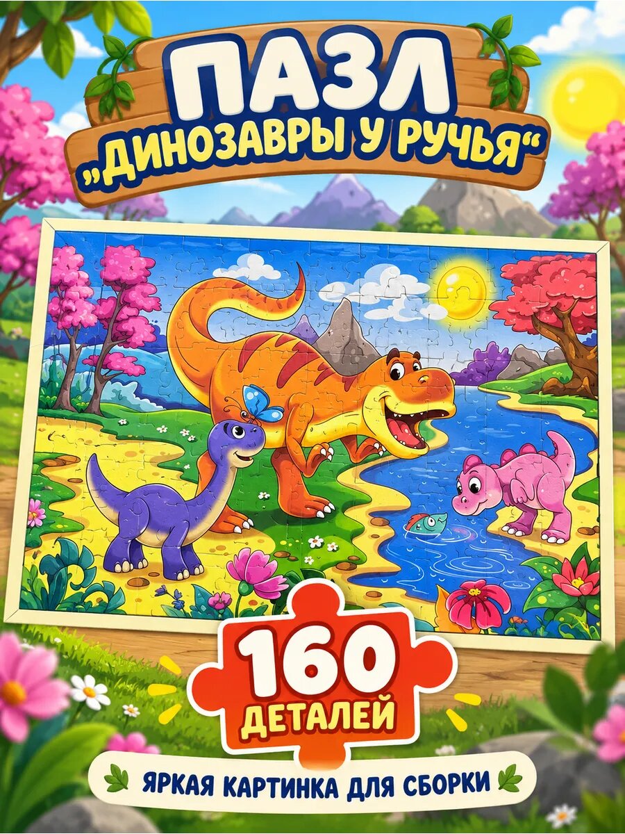 Пазл «Малыши-динозавры у реки», 160 деталей, для всех возратов