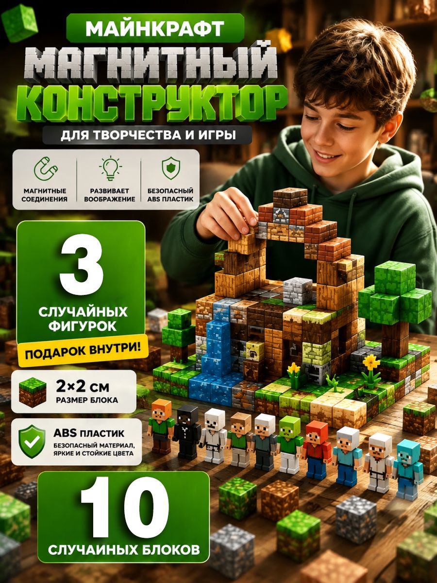 Магнитный (Minecraft). 10 кубиков + 3 фигурок майнкрафт. Магнитные кубики. Подарок. Конструктор.