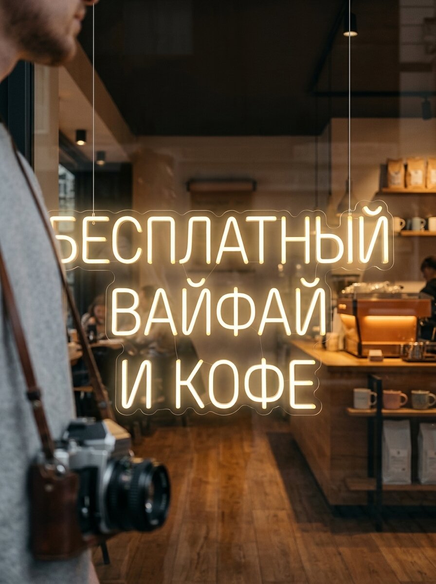 Неоновая вывеска "Бесплатный вайфай и кофе" 84х45см, неоновая надпись, LED светильник для кофейни
