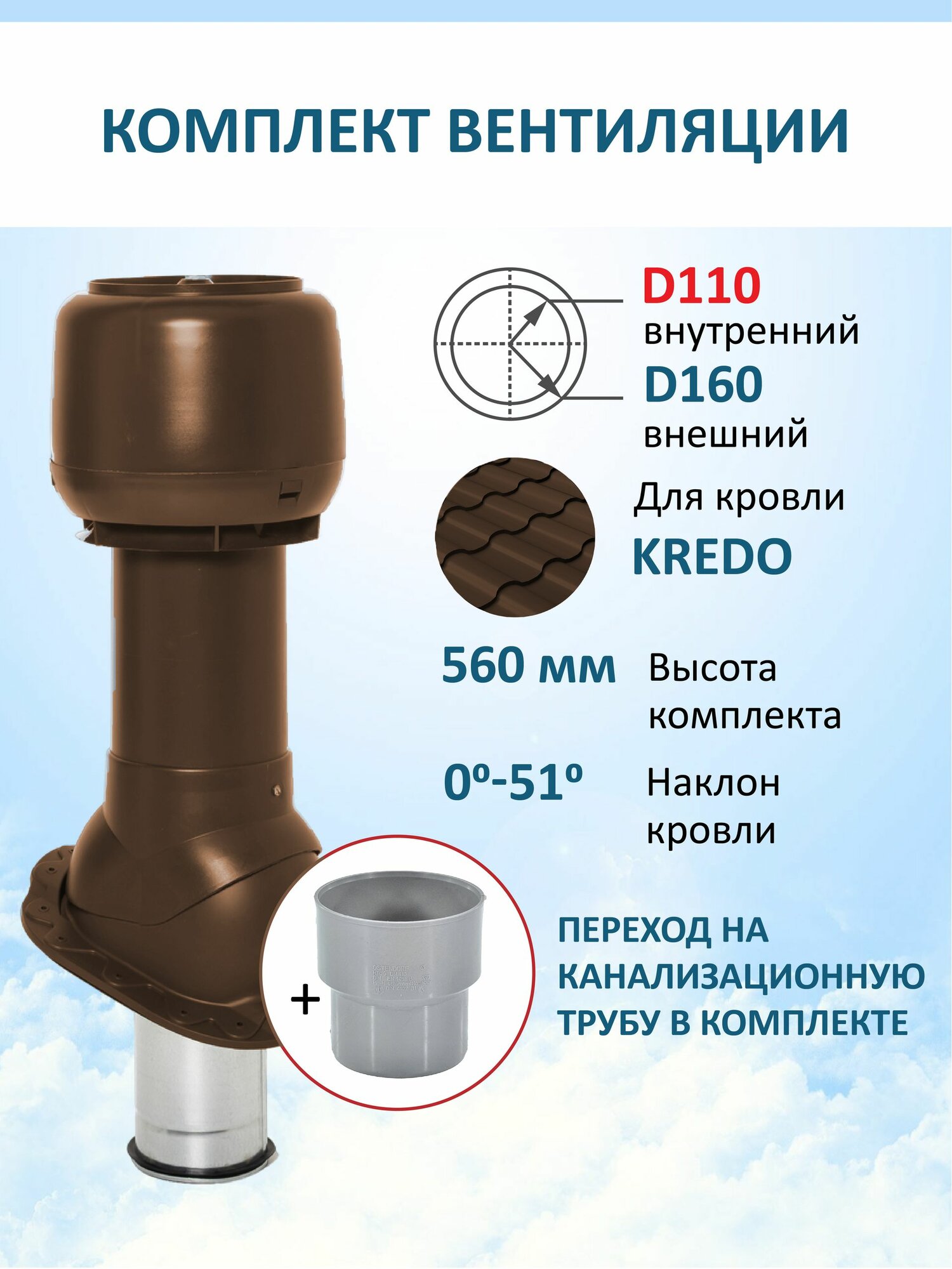 Комплект вентиляции: Колпак D160 утепленный, H-500 с переходом D110, Kredo