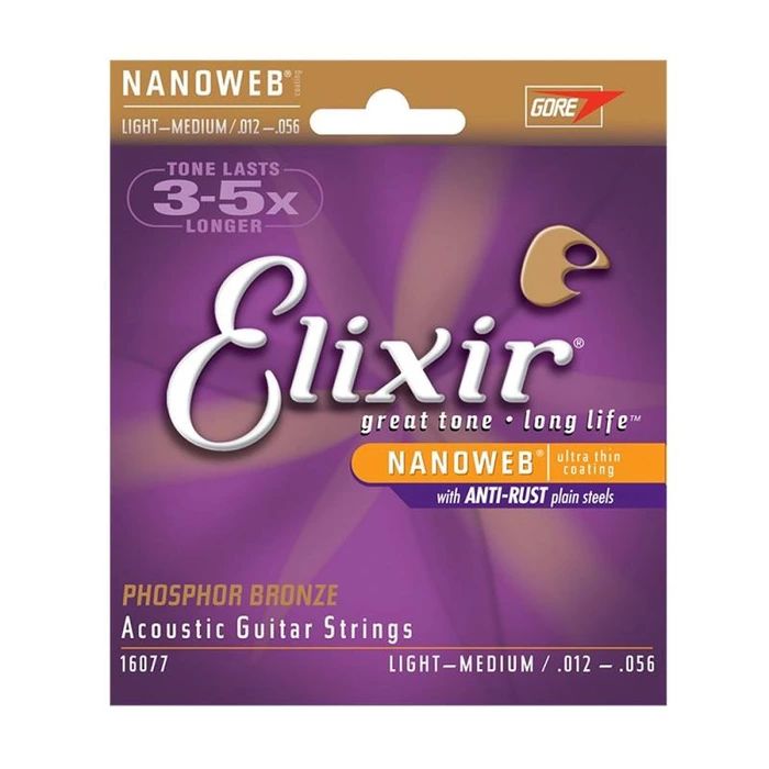 Elixir 16077 NanoWeb Комплект струн для 6-струнной акустической гитары 12-56