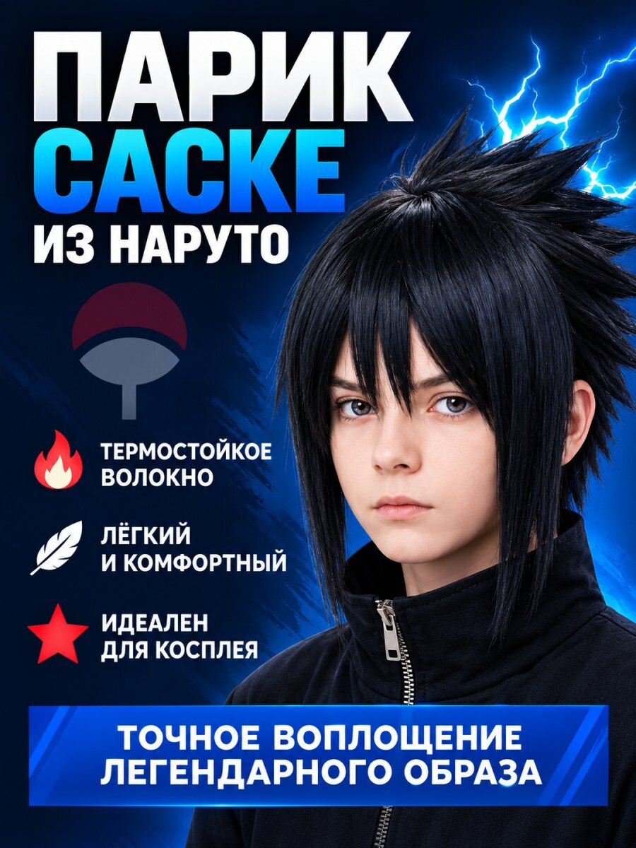 Парик Саске Наруто мужской из нейлона черный для косплея и тематических вечеринок