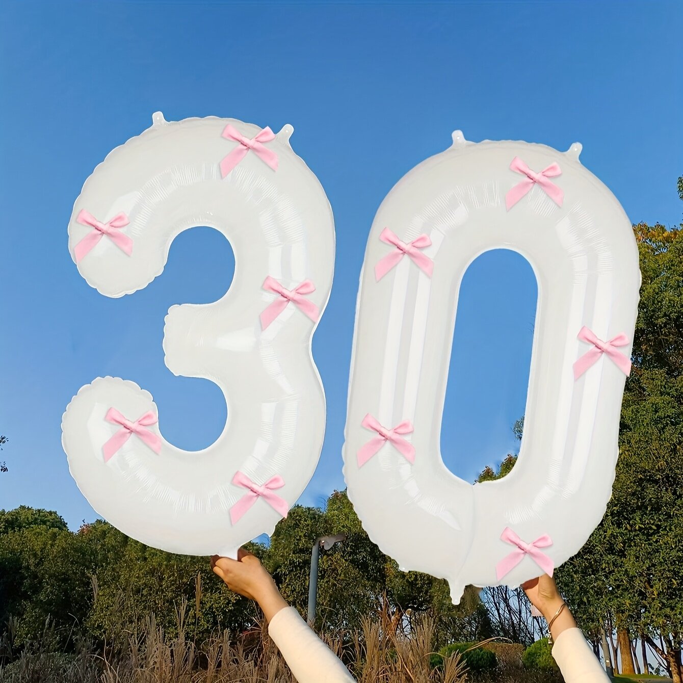 Фольгированная цифра 30, 40 дюймов, белый цвет с розовым бантом, 2 шт. для украшения на день рождения и торжество