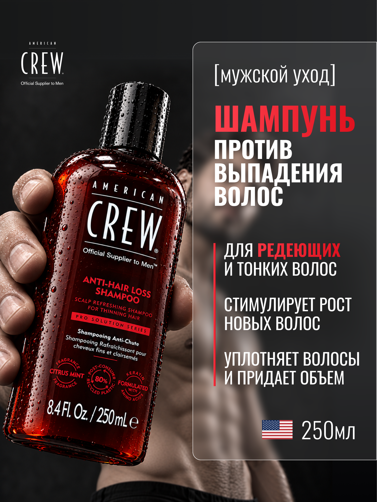 Шампунь для мужчин American Crew Anti-Hair Loss Shampoo, против выпадения, против истончения, 250 мл