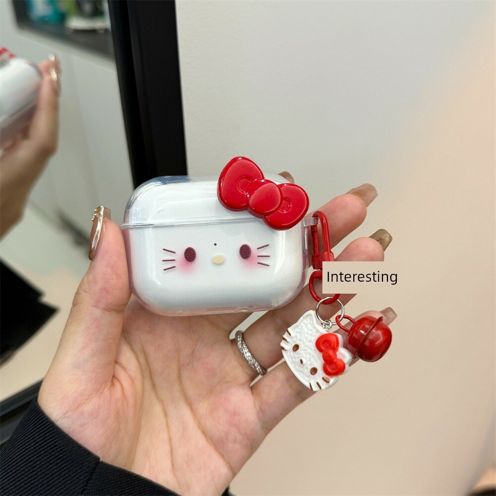 Ударопрочный мягкий чехол для наушников Miniso K66 с милым котом и красным бантом, комплект с брелоком