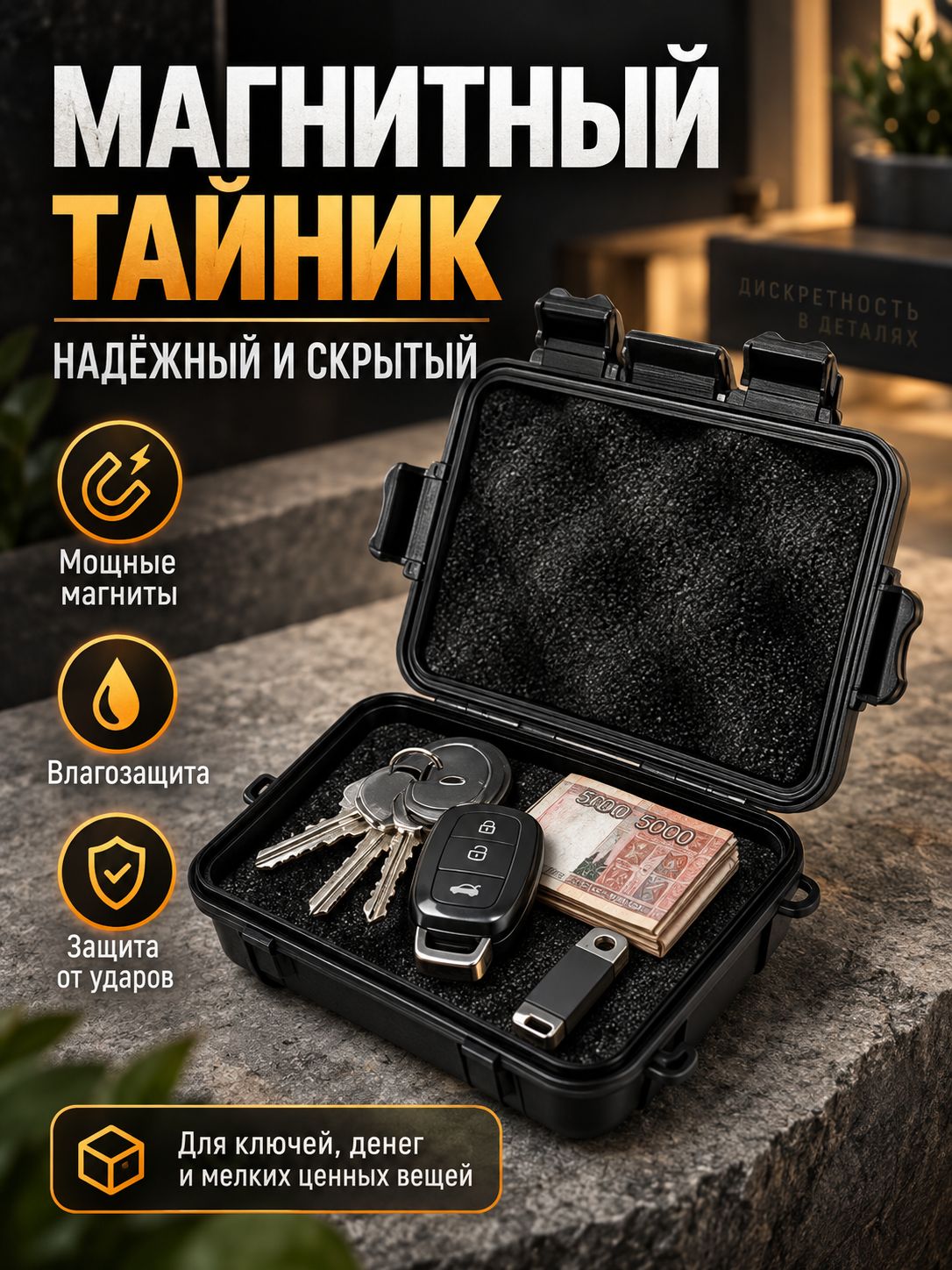 Магнитный тайникящик для ключей под автомобиль 13,5х8х3,9 см, водонепроницаемый противоударный контейнер, черный, 1 шт, для хранения наличных и мелких вещей