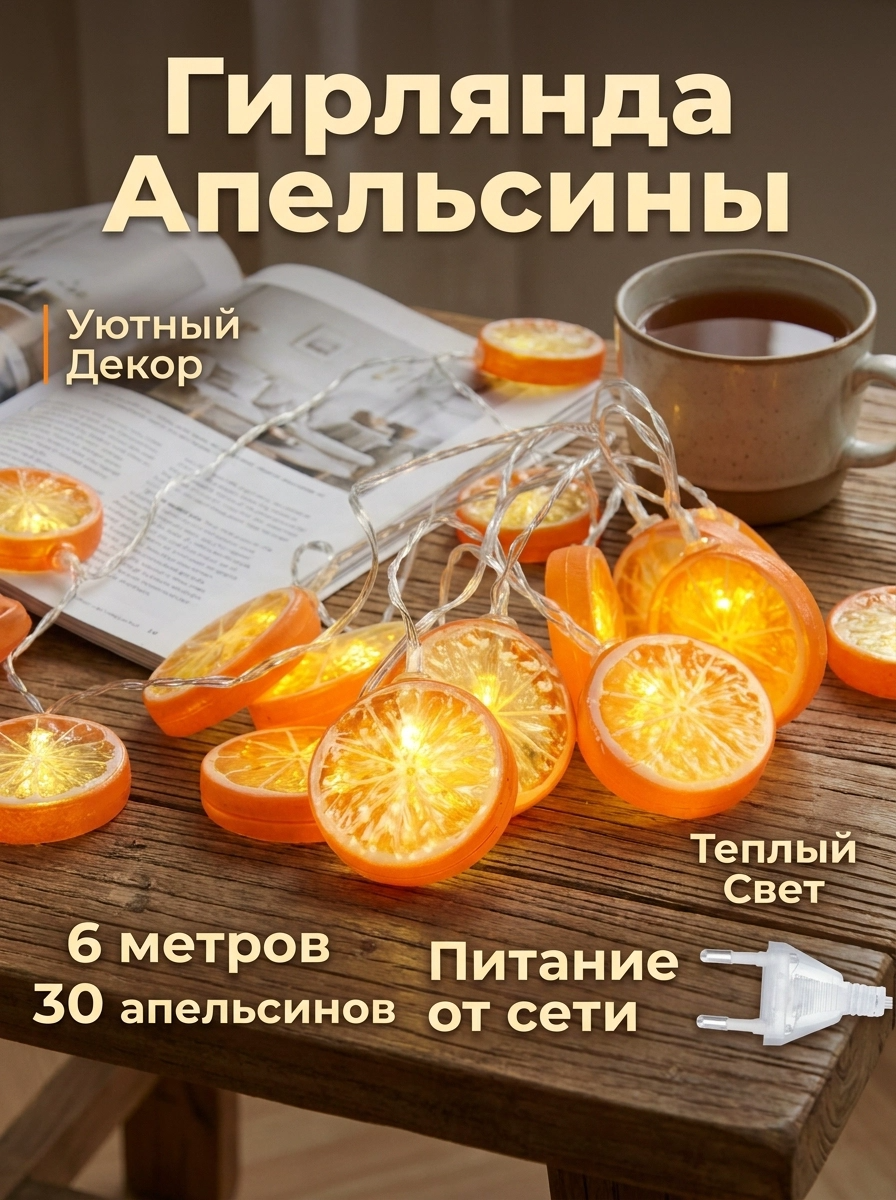 Гирлянда электрическая Апельсины 6 метров 30 светодиодов дольки апельсина