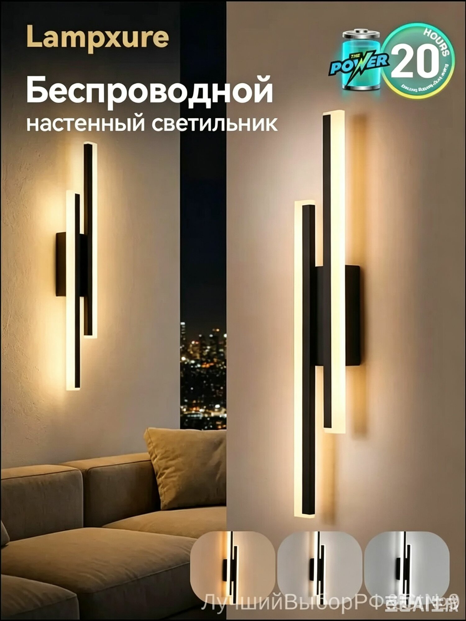 Настенный светодиодный светильник с пультом ДУ и магнитным креплением, матовый черный корпус, встроенный аккумулятор, 3 режима освещения