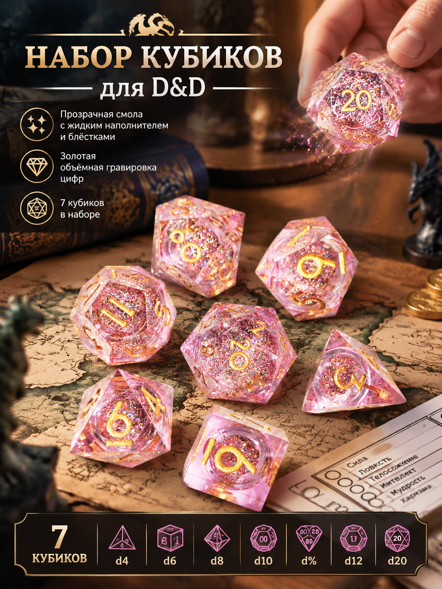 Розовый набор дайсов для D&D: 7 кубиков с блестящим жидким наполнением и золотой гравировкой цифр