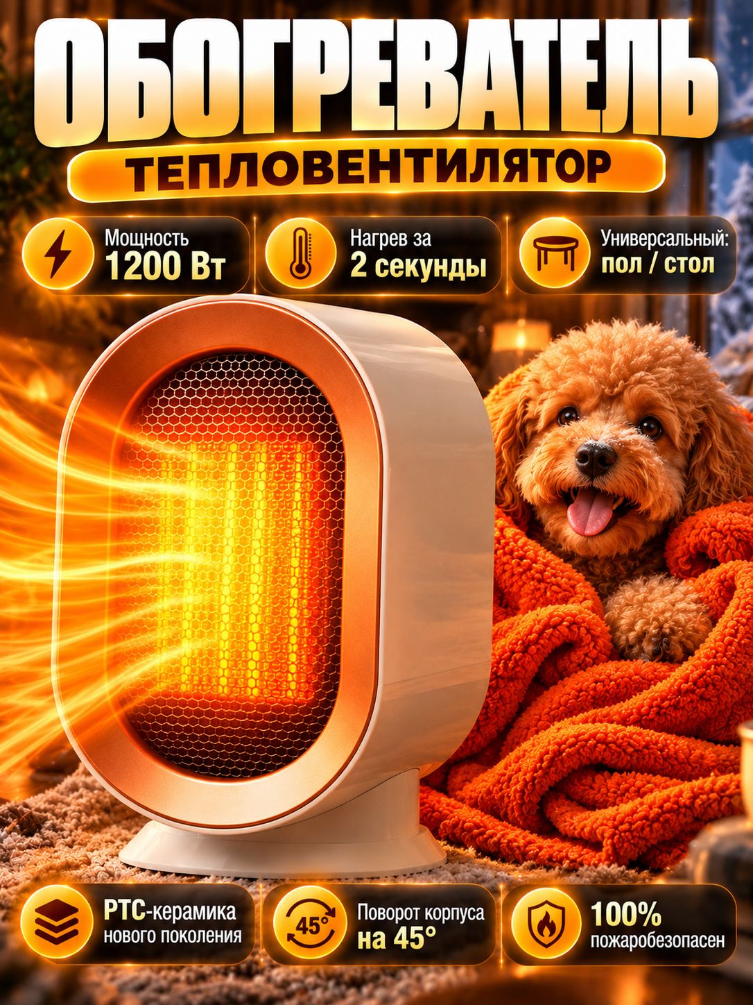 Тепловентилятор , Обогреватель для дома электрический, мини обогреватель портативный маленький 1200 Вт , ветерок