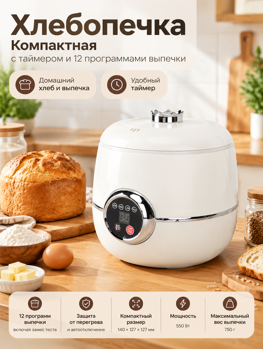 Компактная хлебопечка с таймером и 12 программами выпечки, мощность 550 Вт, вес выпечки 750 г