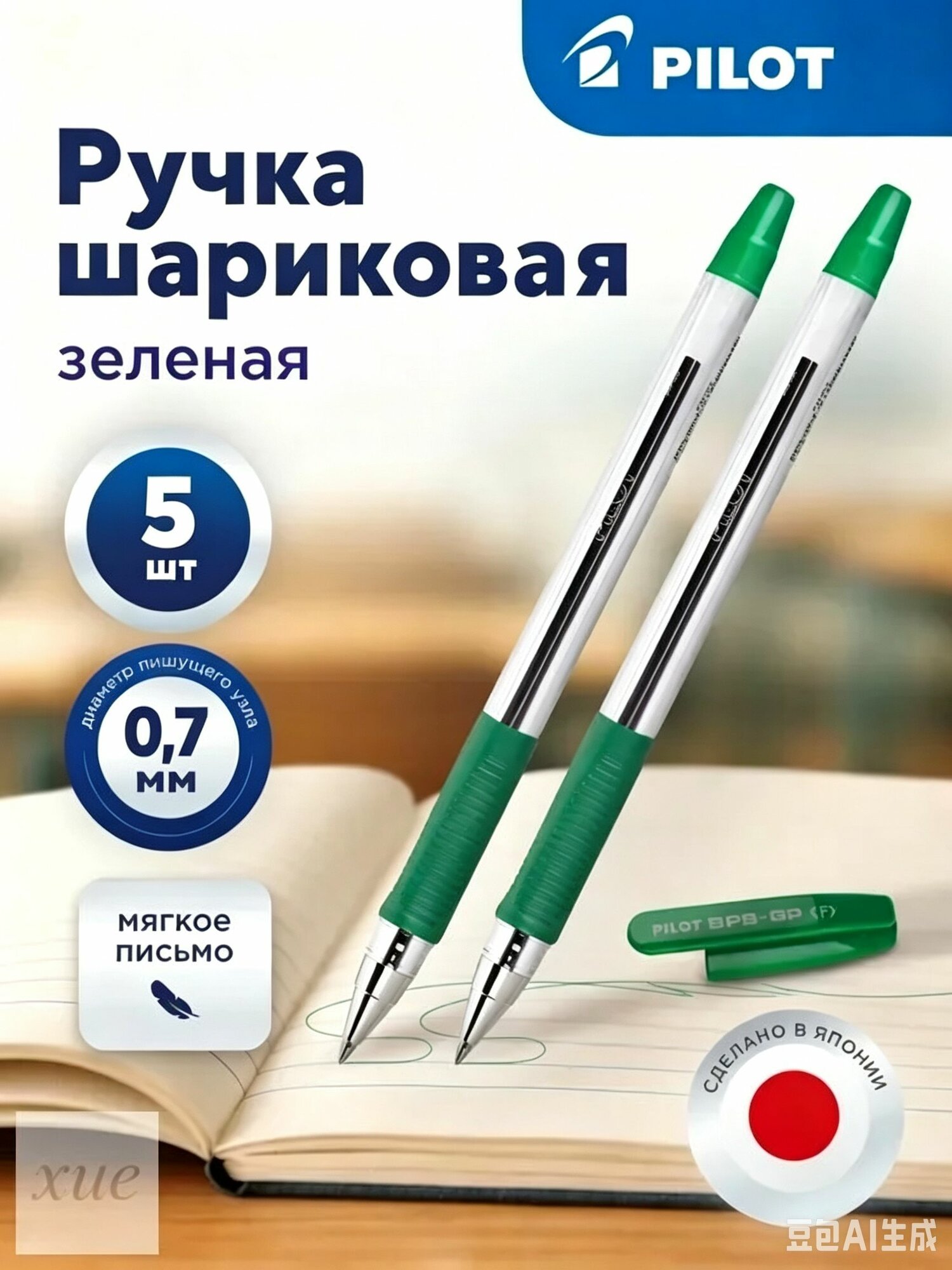 Ручка Шариковая, толщина линии: 0.35 мм, цвет: Зеленый, 5 шт.