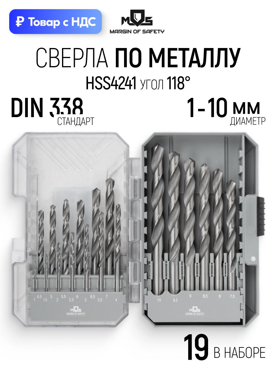 Набор сверл по металлу 1-10 мм (9 шт), сталь HSS 4241, угол заточки 118 MOS