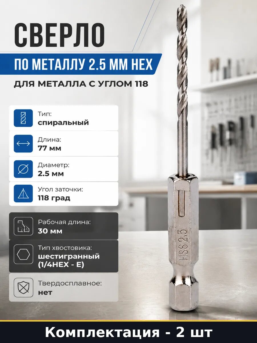 Сверло по металлу 2.5 мм шестигранный хвостовик 1/4 HEX 2 шт