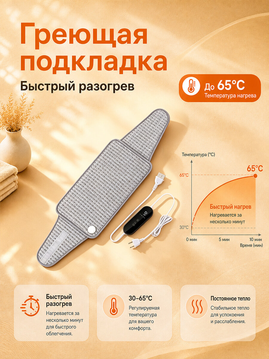 Грелка‑пояс электрическая, 9 уровней температуры, таймер 1‑4 ч, магнитная наклейка, обогрев поясницы и тела