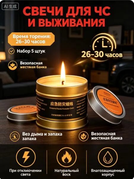 (5 шт) свечи хозяйственные туристические ветрозащитные по 50 г. Набор дорожных свечей длительного горения в жестяных банках для походов, кемпинга и аварийного выживания.