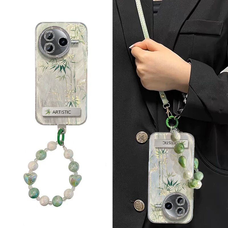 Redmi K80 Ultra Wind Jade Bamboo с Английской Подставкой, Изумрудно-Зелеными Бусинами и Зеленой Страпой, Чехол с Перьями
