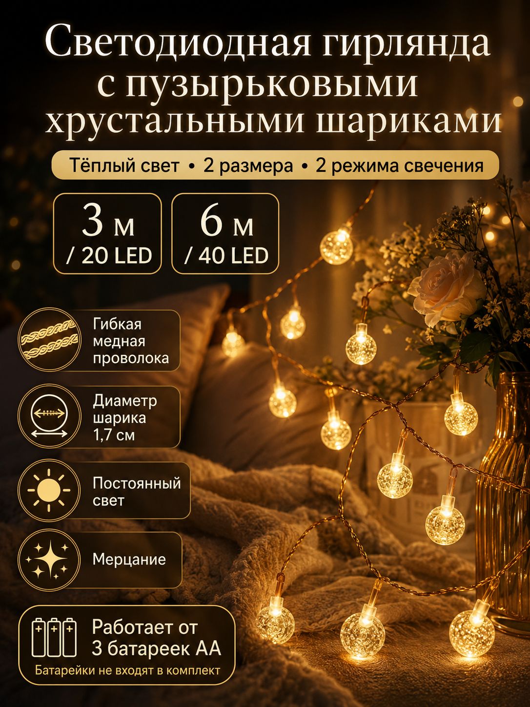 Электрогирлянда Конусная филаментная 20 ламп, 3 м, питание 110-220 в, 1 шт