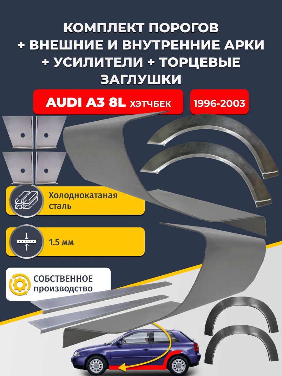 Комплект ремонтных задних внешних и внутренних арок (0,8 мм) + комплект порогов + 4 торцевые заглушки + усилители, на Audi A3 8L 1996-2003 Хэтчбек 3 дв (Ауди А3) Холоднокатаная сталь 1.5 мм
