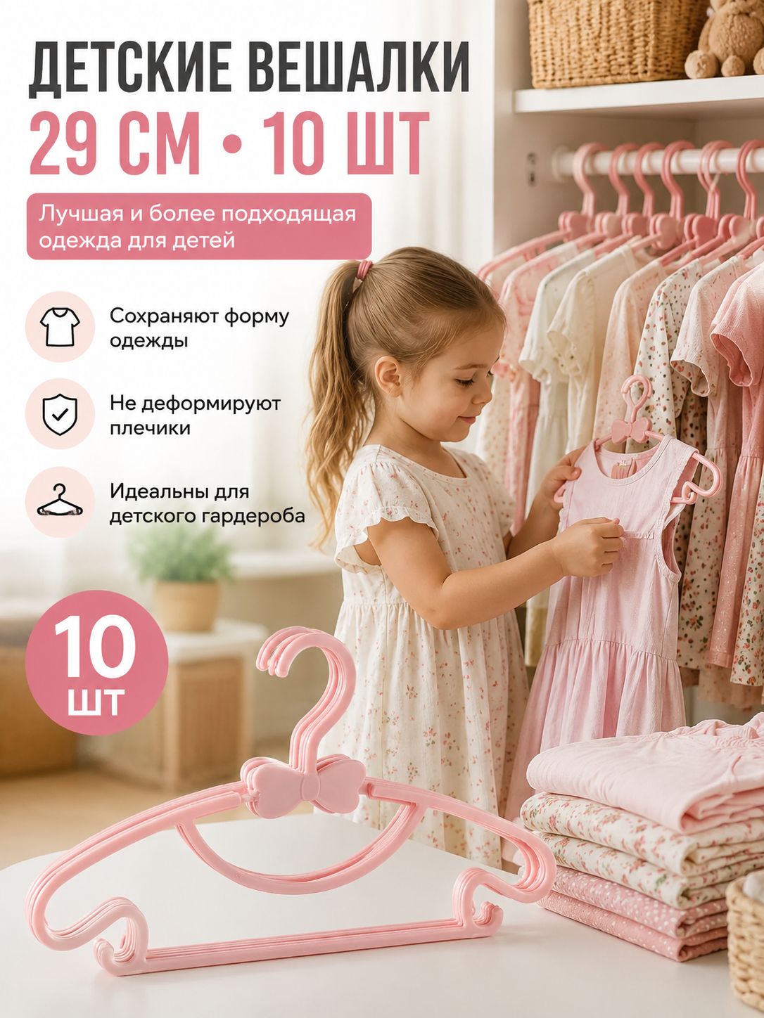 Вешалка плечики 29 см 10 шт пластик светло-розовый