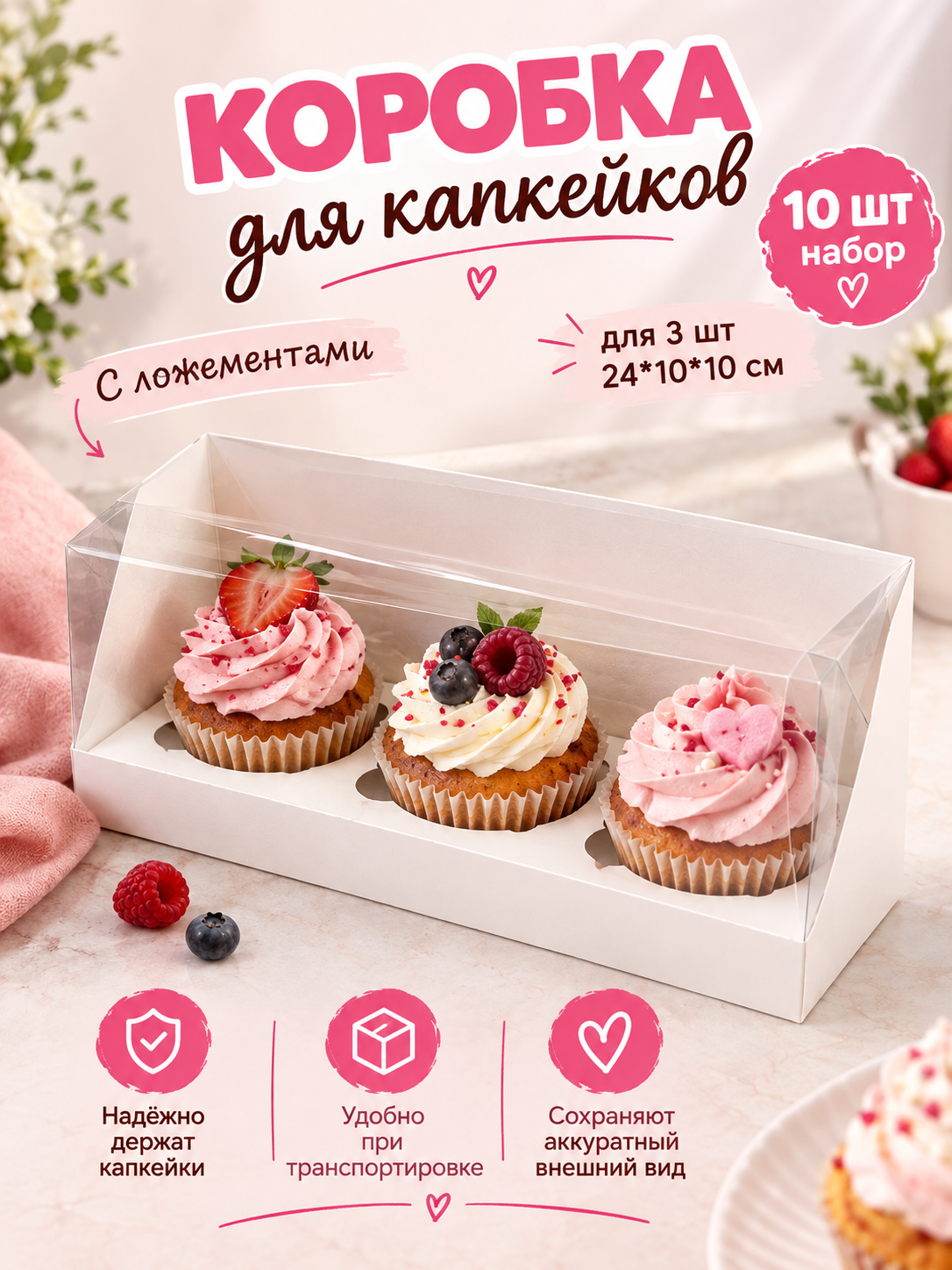 Коробка для 3 капкейков белая с пластик. крышкой и лож.24*10*10см, 10шт