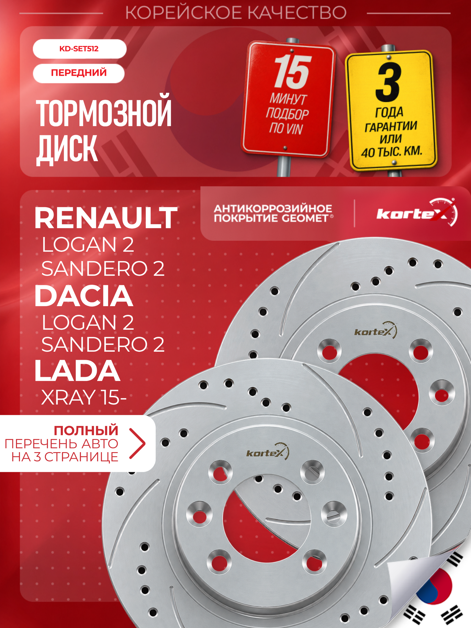 Комплект передних тормозных дисков для Renault LOGAN II 13, 258х22mm, Geomet, перфорация и насечки, 2 шт.