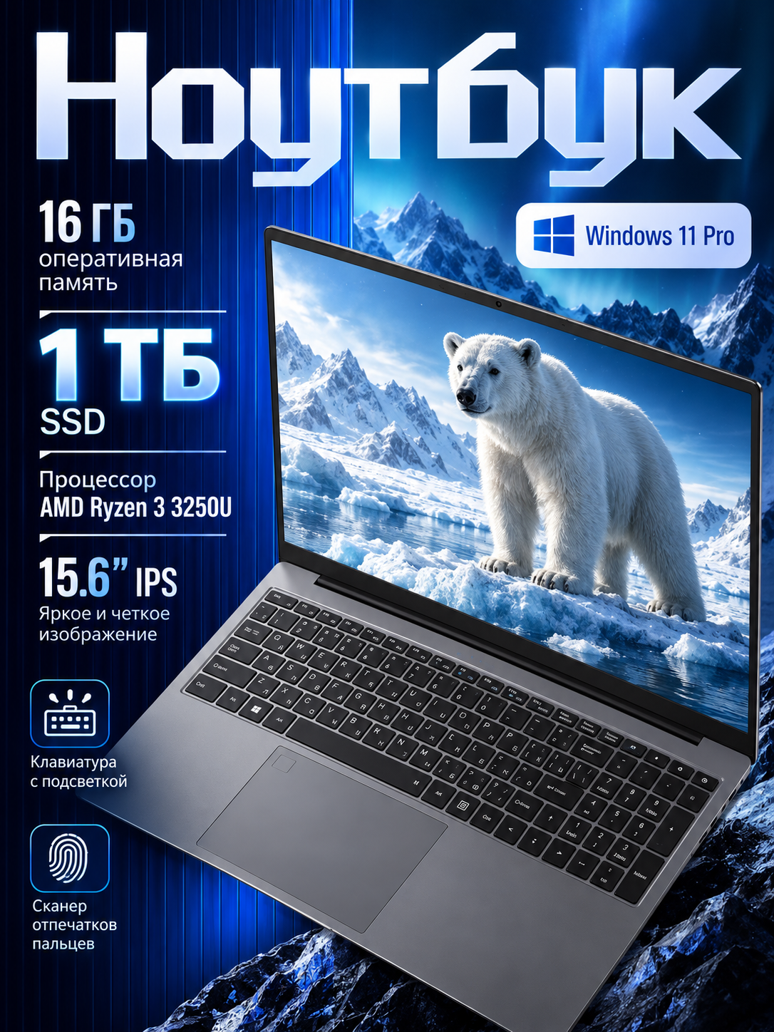 Ноутбук 15,6″ для работы и учёбы, 16 ГБ RAM, SSD 1 ТБ, AMD Ryzen 3 3250U, IPS FHD, Windows 11 Pro
