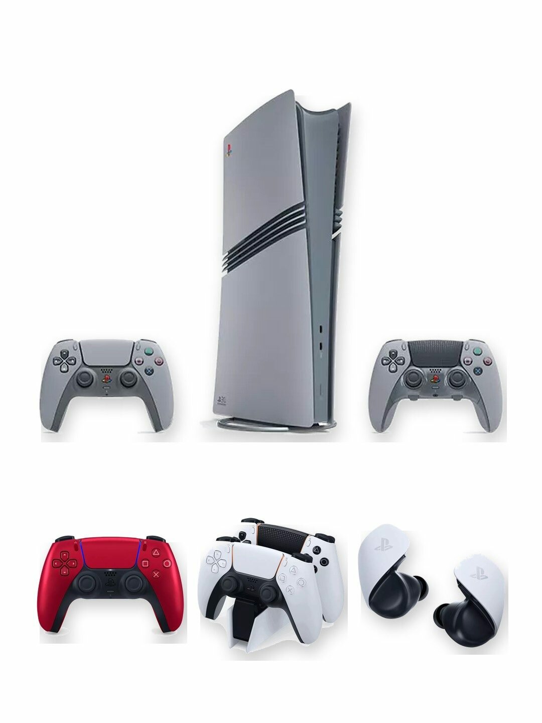 Игровая приставка Sony PlayStation 5 Pro 30th Anniversary Limited Edition 2 ТБ без дисковода, серая в стиле PS1, японская версия + 2-й геймпад DualSense Volcanic Red + зарядная станция + наушники Pulse Explore