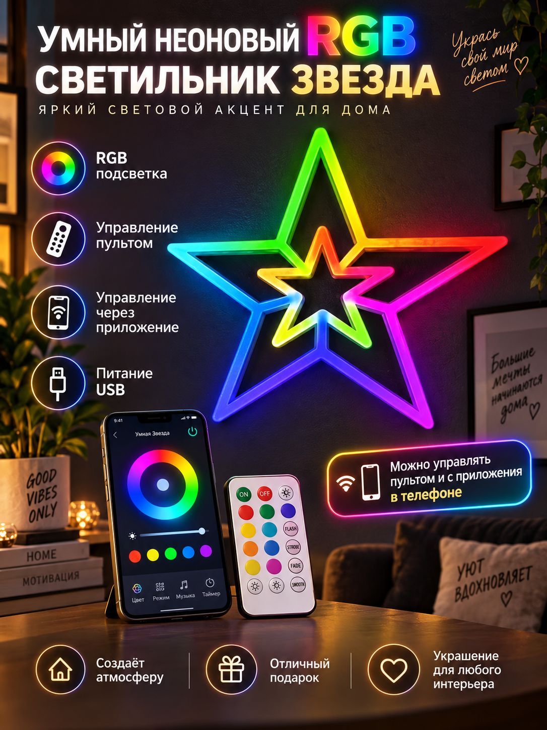 Умный неоновый RGB светильник Звезда KY-0615 с управлением с телефона + пульт ДУ, 100 режимов