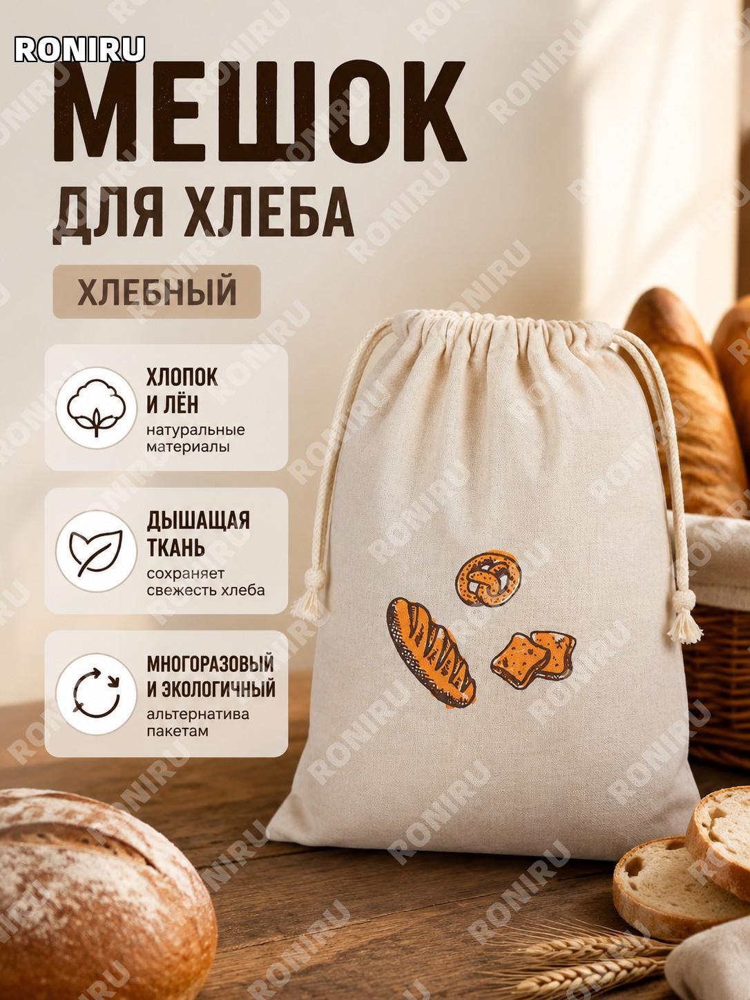 Мешок для хлеба, вариант хлебный: многоразовый мешочек с завязкой для хранения хлеба и багета, хлебная модель.