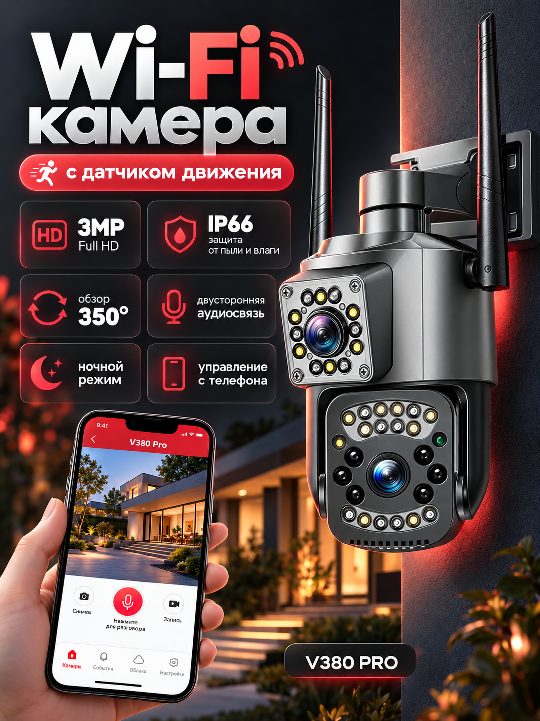 Камера видеонаблюдения уличная WIFI/ двухобъективная/ датчик движения/Ночной режим